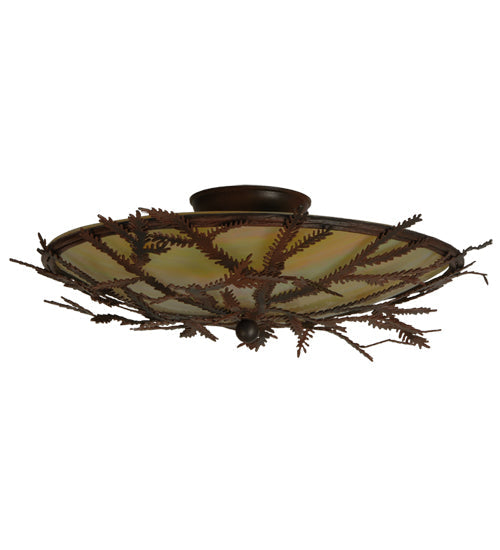 Meyda Lighting Pine Branch 19" 3-Light Rust & Wrought Iron Flush Mount Light With Beige Iridescent Shade Glass