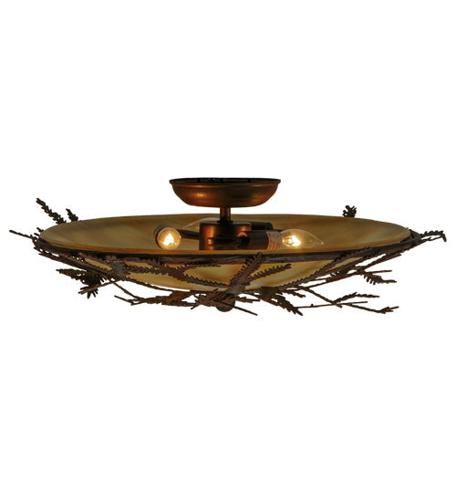 Meyda Lighting Pine Branch 19" 3-Light Rust & Wrought Iron Flush Mount Light With Beige Iridescent Shade Glass