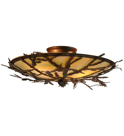 Meyda Lighting Pine Branch 19" 3-Light Rust & Wrought Iron Flush Mount Light With Beige Iridescent Shade Glass