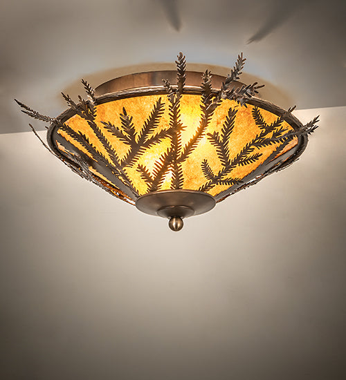 Meyda Lighting Pine Branch 20" 2-Light Dark Burnished Antique Copper Flush Mount LIght With Amber Mica Shade Glass