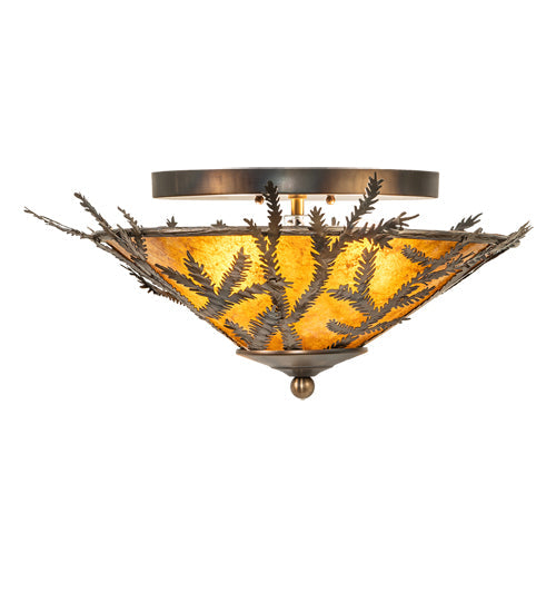 Meyda Lighting Pine Branch 20" 2-Light Dark Burnished Antique Copper Flush Mount LIght With Amber Mica Shade Glass