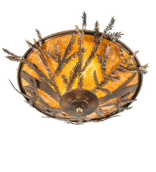 Meyda Lighting Pine Branch 20" 2-Light Dark Burnished Antique Copper Flush Mount LIght With Amber Mica Shade Glass