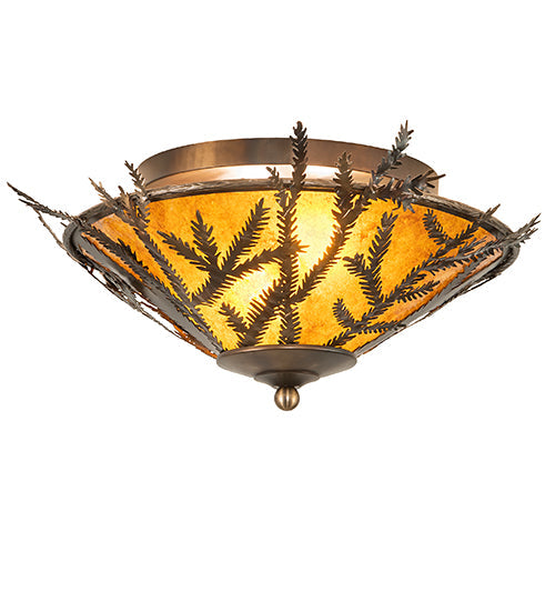 Meyda Lighting Pine Branch 20" 2-Light Dark Burnished Antique Copper Flush Mount LIght With Amber Mica Shade Glass