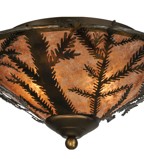 Meyda Lighting Pine Branch 20" 2-Light Light Burnished Antique Copper Flush Mount Light With Silver Mica Shade Glass