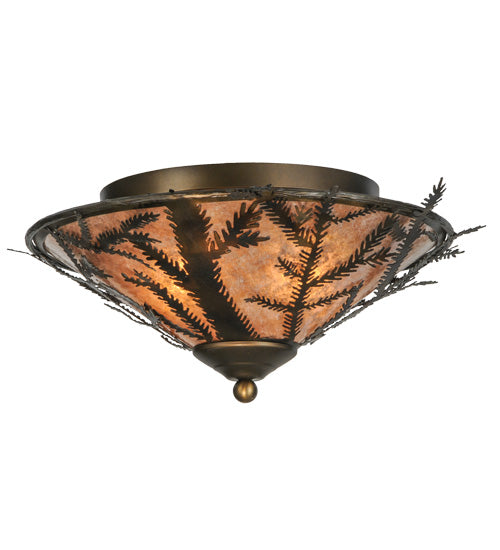 Meyda Lighting Pine Branch 20" 2-Light Light Burnished Antique Copper Flush Mount Light With Silver Mica Shade Glass