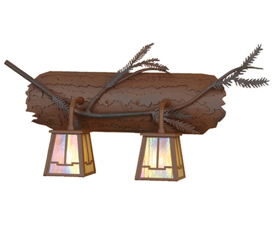 Meyda Lighting Pine Branch 24" 2-Light Rust & Wrought Iron Valley View Vanity Light With Beige Iridescent Shade Glass