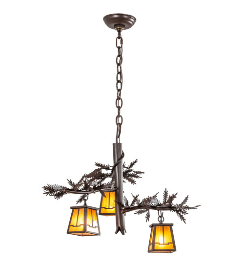 Meyda Lighting Pine Branch 24" 3-Light Cafe Noir Valley View Chandelier With Honey Art Shade Glass