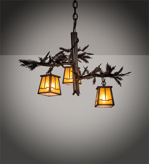 Meyda Lighting Pine Branch 24" 3-Light Cafe Noir Valley View Chandelier With Honey Art Shade Glass