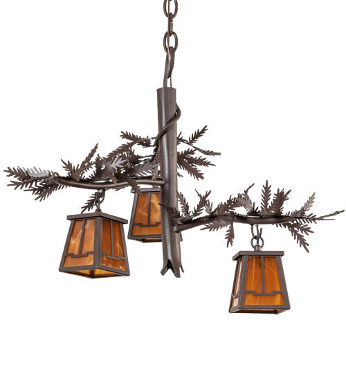 Meyda Lighting Pine Branch 24" 3-Light Cafe Noir Valley View Chandelier With Honey Art Shade Glass