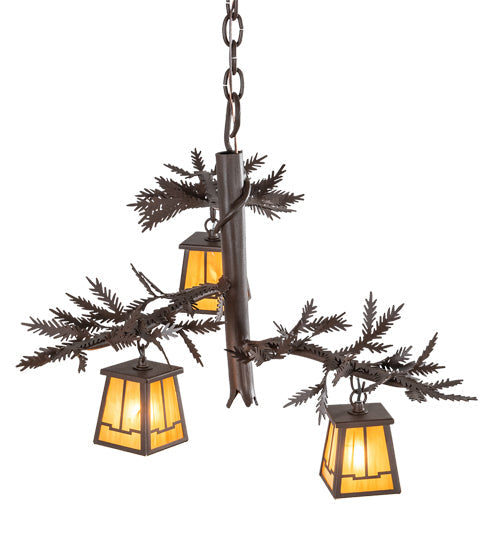 Meyda Lighting Pine Branch 24" 3-Light Cafe Noir Valley View Chandelier With Honey Art Shade Glass