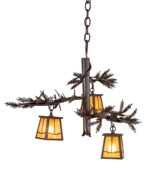 Meyda Lighting Pine Branch 24" 3-Light Cafe Noir Valley View Chandelier With Honey Art Shade Glass