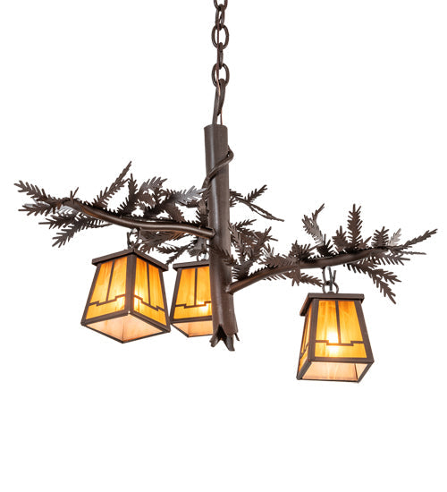 Meyda Lighting Pine Branch 24" 3-Light Cafe Noir Valley View Chandelier With Honey Art Shade Glass