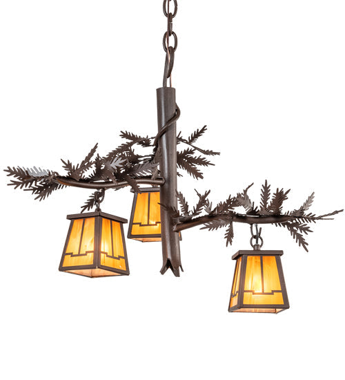 Meyda Lighting Pine Branch 24" 3-Light Cafe Noir Valley View Chandelier With Honey Art Shade Glass