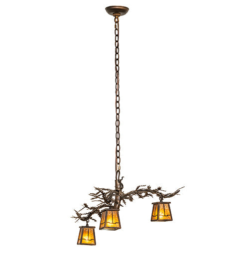 Meyda Lighting Pine Branch 24" 3-Light Dark Burnished Antique Copper Valley View Chandelier With Amber Mica Shade Glass