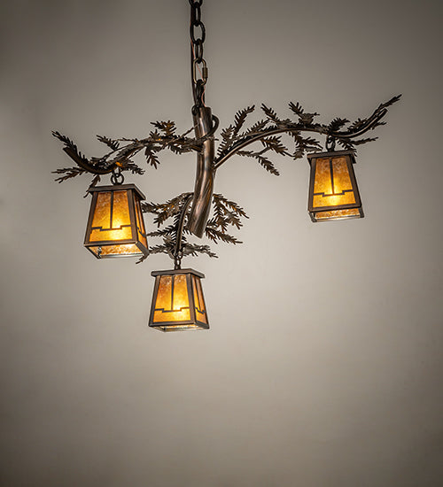 Meyda Lighting Pine Branch 24" 3-Light Dark Burnished Antique Copper Valley View Chandelier With Amber Mica Shade Glass