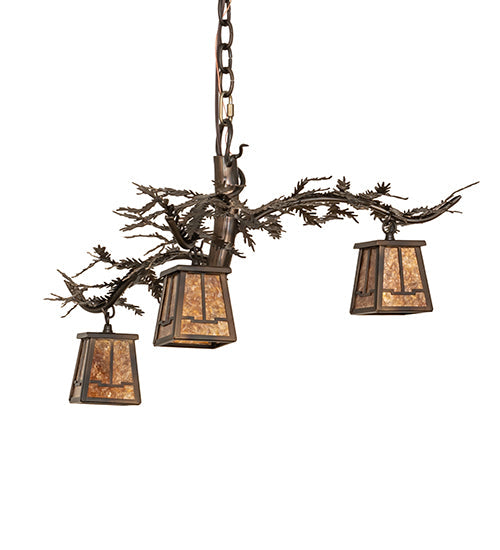 Meyda Lighting Pine Branch 24" 3-Light Dark Burnished Antique Copper Valley View Chandelier With Amber Mica Shade Glass