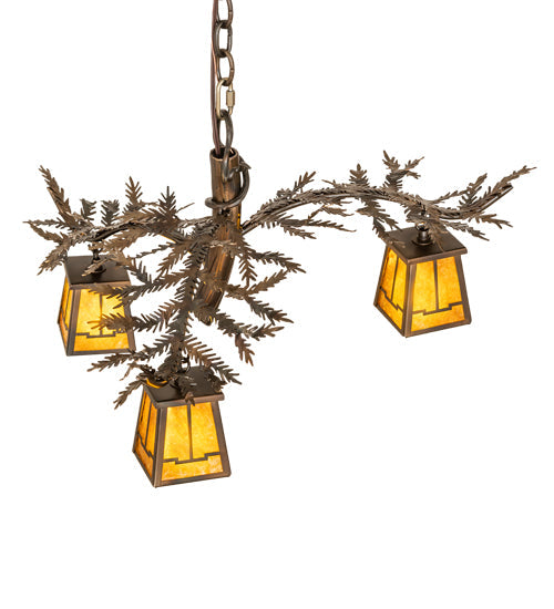 Meyda Lighting Pine Branch 24" 3-Light Dark Burnished Antique Copper Valley View Chandelier With Amber Mica Shade Glass