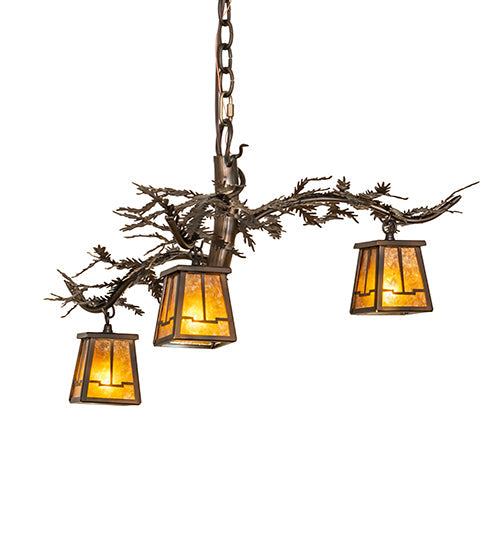 Meyda Lighting Pine Branch 24" 3-Light Dark Burnished Antique Copper Valley View Chandelier With Amber Mica Shade Glass