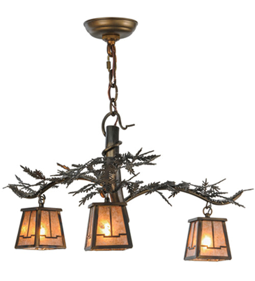 Meyda Lighting Pine Branch 24" 3-Light Light Burnished Antique Copper Valley View Chandelier With Silver Mica Shade Glass