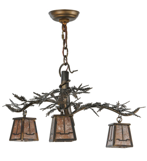 Meyda Lighting Pine Branch 24" 3-Light Light Burnished Antique Copper Valley View Chandelier With Silver Mica Shade Glass