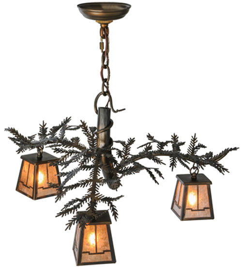 Meyda Lighting Pine Branch 24" 3-Light Light Burnished Antique Copper Valley View Chandelier With Silver Mica Shade Glass