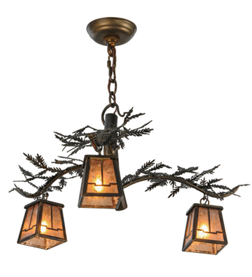 Meyda Lighting Pine Branch 24" 3-Light Light Burnished Antique Copper Valley View Chandelier With Silver Mica Shade Glass