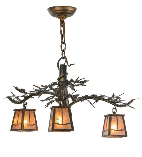 Meyda Lighting Pine Branch 24" 3-Light Light Burnished Antique Copper Valley View Chandelier With Silver Mica Shade Glass