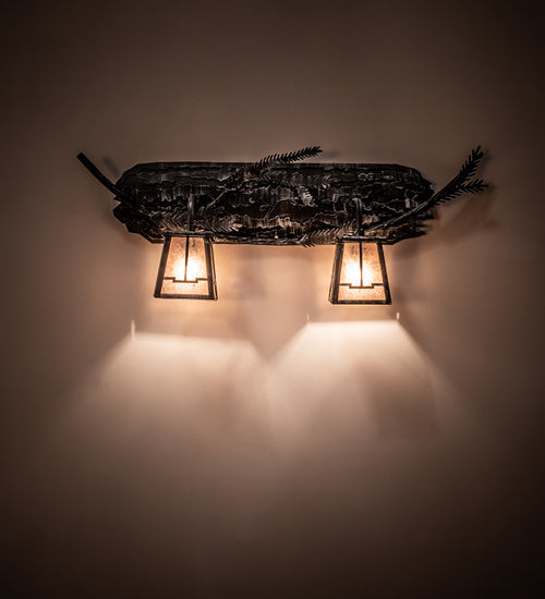 Meyda Lighting Pine Branch 25" 2-Light Antique Iron Gate Valley View Vanity Light With Silver Mica Shade Glass