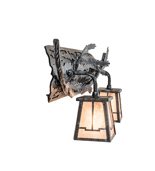 Meyda Lighting Pine Branch 25" 2-Light Antique Iron Gate Valley View Vanity Light With Silver Mica Shade Glass