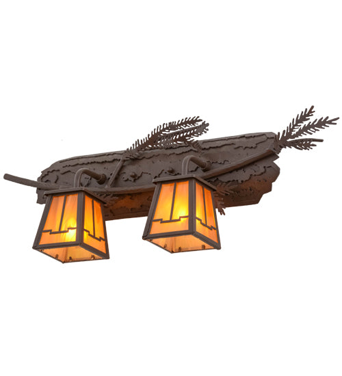 Meyda Lighting Pine Branch 25" 2-Light Cafe Noir Valley View Wall Sconce With Honey Art Shade Glass