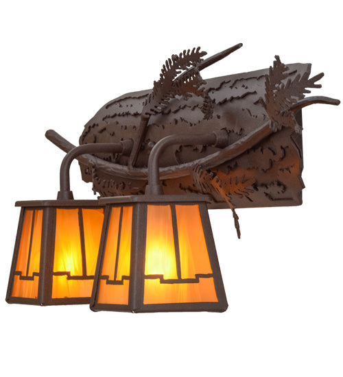 Meyda Lighting Pine Branch 25" 2-Light Cafe Noir Valley View Wall Sconce With Honey Art Shade Glass