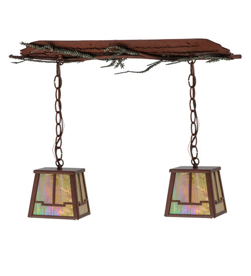 Meyda Lighting Pine Branch 26" 2-Light Rust Valley View Island Pendant Light With Beige Iridescent Shade Glass