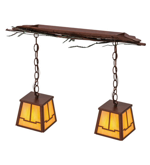 Meyda Lighting Pine Branch 26" 2-Light Rust Valley View Island Pendant Light With Beige Iridescent Shade Glass