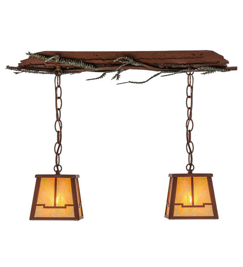 Meyda Lighting Pine Branch 26" 2-Light Rust Valley View Island Pendant Light With Beige Iridescent Shade Glass