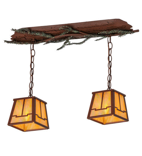 Meyda Lighting Pine Branch 26" 2-Light Rust Valley View Island Pendant Light With Beige Iridescent Shade Glass