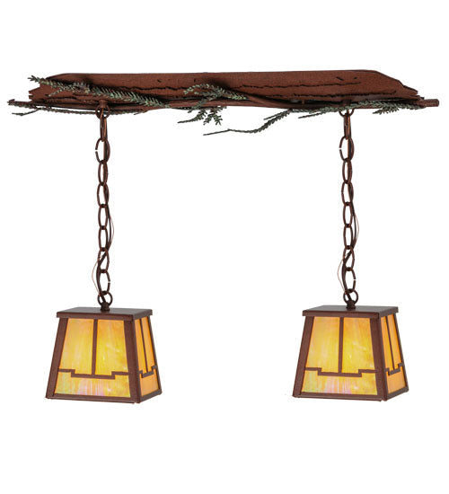 Meyda Lighting Pine Branch 26" 2-Light Rust Valley View Island Pendant Light With Beige Iridescent Shade Glass