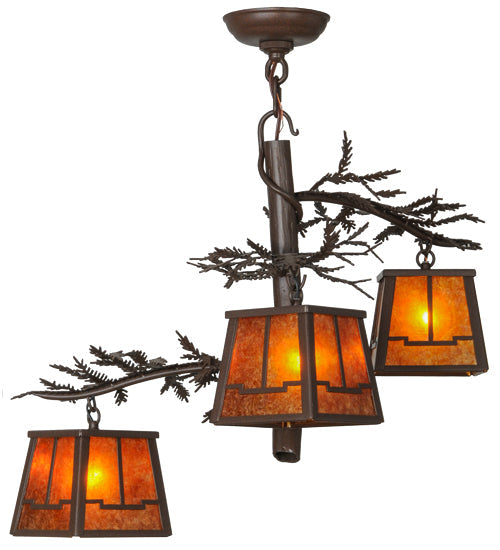 Meyda Lighting Pine Branch 28" 3-Light Cafe Noir Valley View Chandelier With Amber Mica Shade Glass