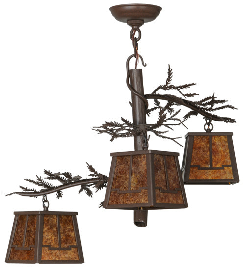 Meyda Lighting Pine Branch 28" 3-Light Cafe Noir Valley View Chandelier With Amber Mica Shade Glass