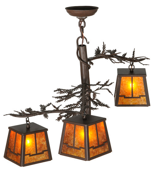 Meyda Lighting Pine Branch 28" 3-Light Cafe Noir Valley View Chandelier With Amber Mica Shade Glass