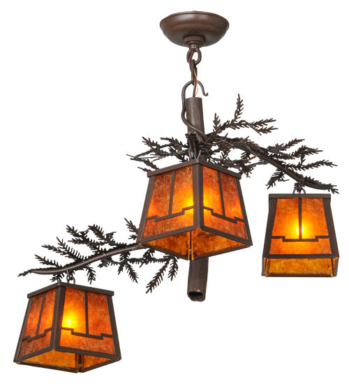 Meyda Lighting Pine Branch 28" 3-Light Cafe Noir Valley View Chandelier With Amber Mica Shade Glass