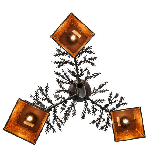 Meyda Lighting Pine Branch 28" 3-Light Cafe Noir Valley View Chandelier With Amber Mica Shade Glass
