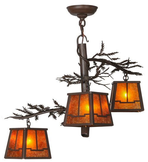 Meyda Lighting Pine Branch 28" 3-Light Cafe Noir Valley View Chandelier With Amber Mica Shade Glass