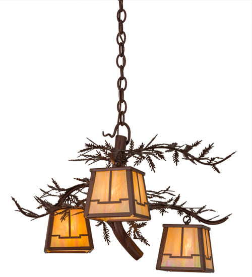 Meyda Lighting Pine Branch 28" 3-Light Rust Valley View Chandelier With Beige Iridescent Shade Glass