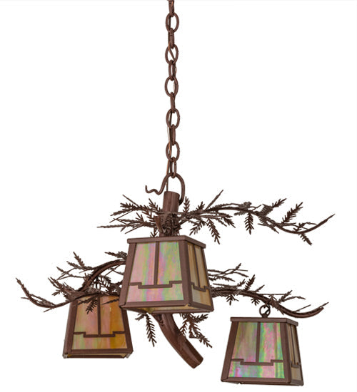 Meyda Lighting Pine Branch 28" 3-Light Rust Valley View Chandelier With Beige Iridescent Shade Glass