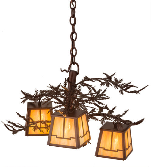 Meyda Lighting Pine Branch 28" 3-Light Rust Valley View Chandelier With Beige Iridescent Shade Glass