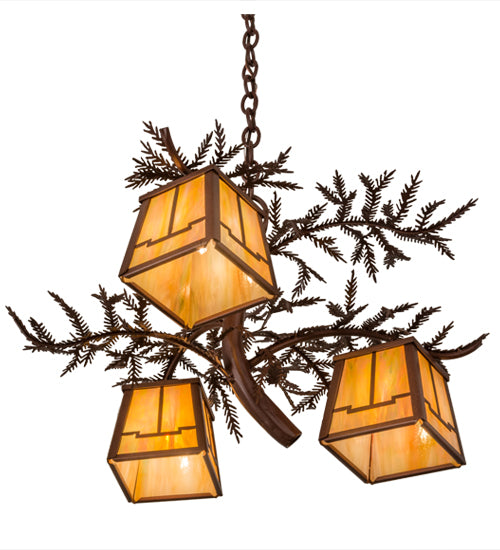 Meyda Lighting Pine Branch 28" 3-Light Rust Valley View Chandelier With Beige Iridescent Shade Glass