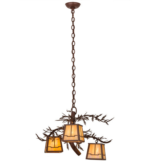 Meyda Lighting Pine Branch 28" 3-Light Rust Valley View Chandelier With Beige Iridescent Shade Glass