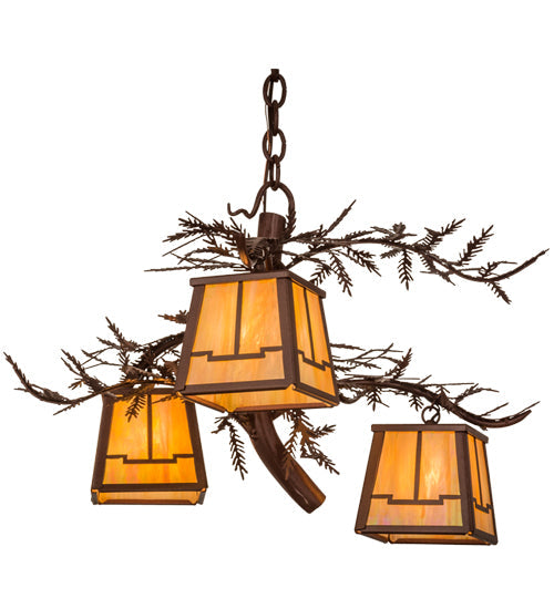 Meyda Lighting Pine Branch 28" 3-Light Rust Valley View Chandelier With Beige Iridescent Shade Glass
