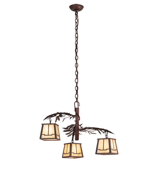 Meyda Lighting Pine Branch 28" 3-Light Rust & Wrought Iron Valley View Chandelier With Beige Iridescent Shade Glass
