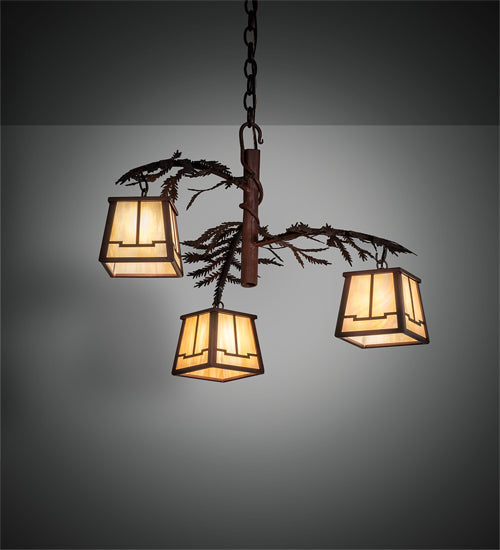 Meyda Lighting Pine Branch 28" 3-Light Rust & Wrought Iron Valley View Chandelier With Beige Iridescent Shade Glass